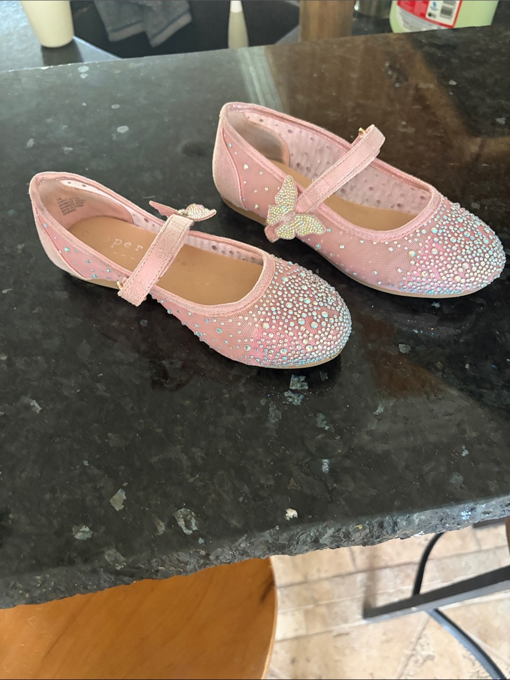 Girls Pink Rhinestone Butterfly Mary Jane Flats